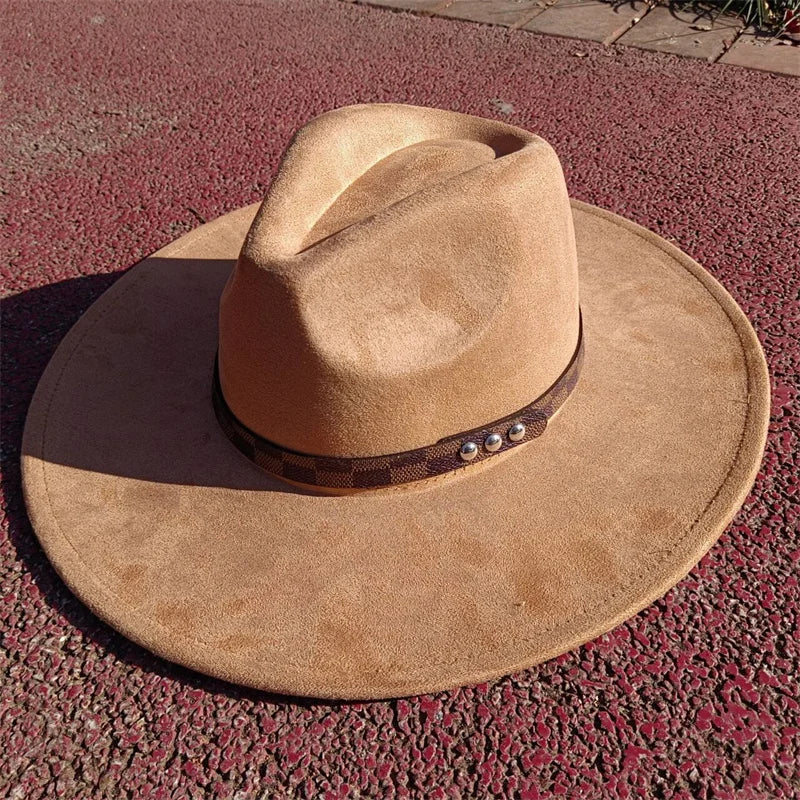 Fedora hat nubuck leather elastic webbing concave top wide brim hat for men and women autumn and winter hat  sombrero hombre