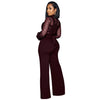 Fashion Women's Clothing Hollow Long-sleeved Loose Wide Leg Jumpsuits Overall Pants Solid Color Sexy Lace