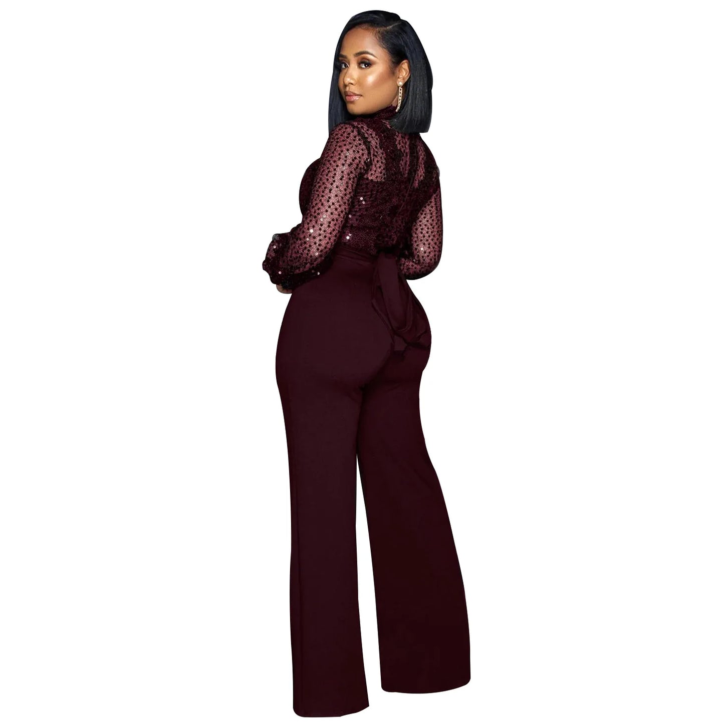Fashion Women's Clothing Hollow Long-sleeved Loose Wide Leg Jumpsuits Overall Pants Solid Color Sexy Lace
