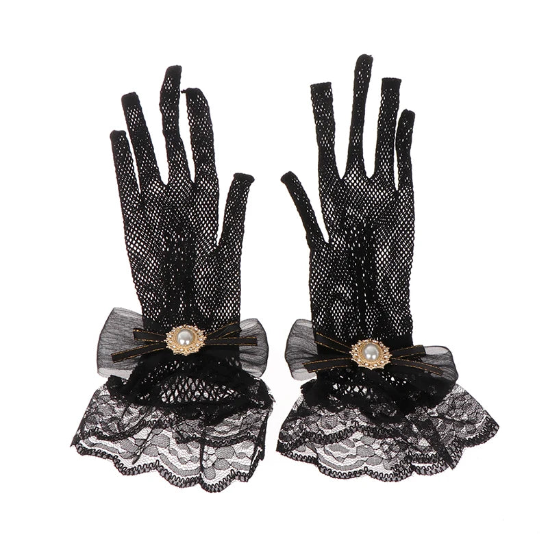 Girl Lolita Mesh Bow Flower Lace Gloves Black White Lace Gloves lolita Lace Sleeves Cosplay Jewelry