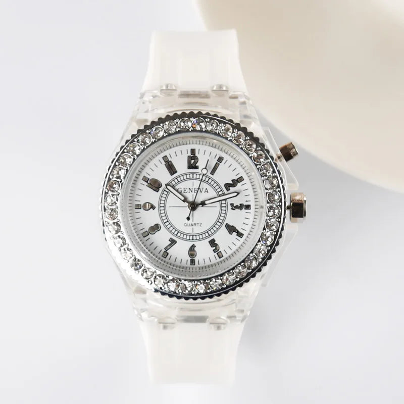 Luminous Quartz Watch for Women Personality Rhinestone Led Fashion Geneva Male and Female Students Couple Jelly Wrist Watches