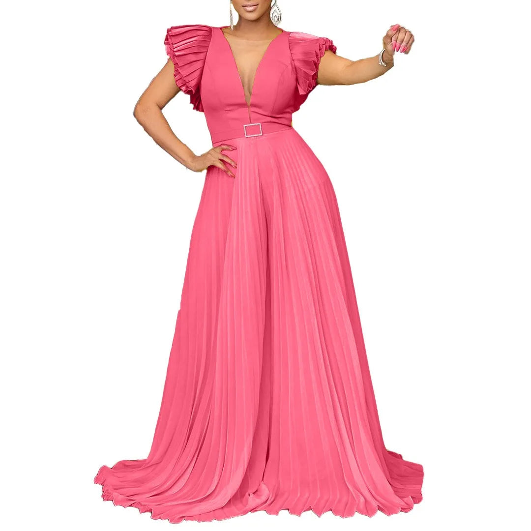 Elegant Pleated Jumpsuits & Rompers for Women V Neck Ruffles Belt Waisted High Waisted Floor Length Luxury Birthday Party Outfit