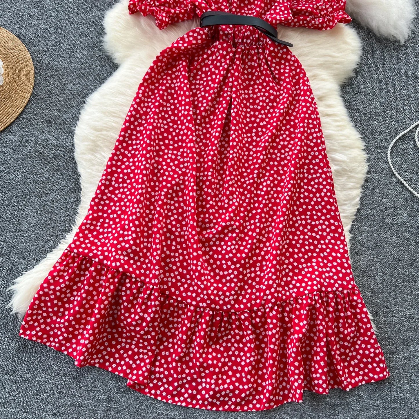 Summer Pleated Women Buttons Dresses Casual Beach Holiday Short Sleeve V Neck Woman Midi Dress Bohemian Mujer Vestidos