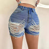 Denim Shorts Women Summer New High-waisted and Thin Handmade Bead Chain Ripped Hot Pants for Women