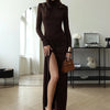 Mozision Turtleneck Thigh High Split Sexy Maxi Dress For Women Fashion Long Sleeve Draped Bandage Bodycon Club Long Dress