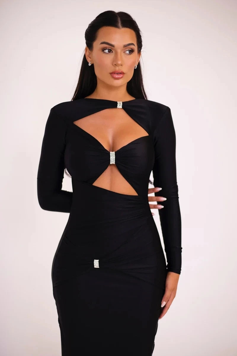 Articat Sexy Hollow Out Long Sleeved Elastic Tight Dress Women Pleats Double Layered Female Vestidos Elegant Party Evening Dress