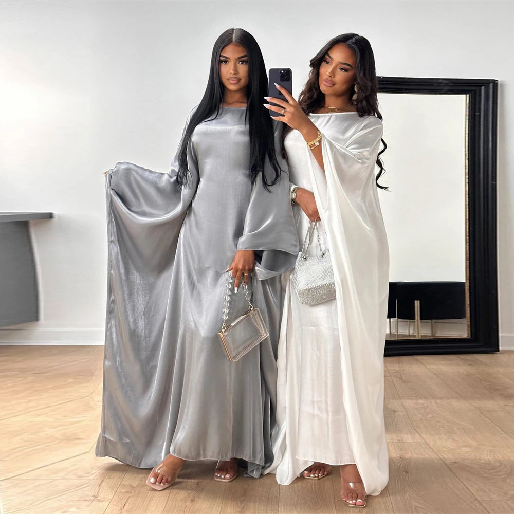 Batwing Butterfly Sleeve Satin Khimar Abaya Dubai Muslim Maxi Dress Kaftan Abayas For Women Kebaya Caftan Robe Femme Vestidos