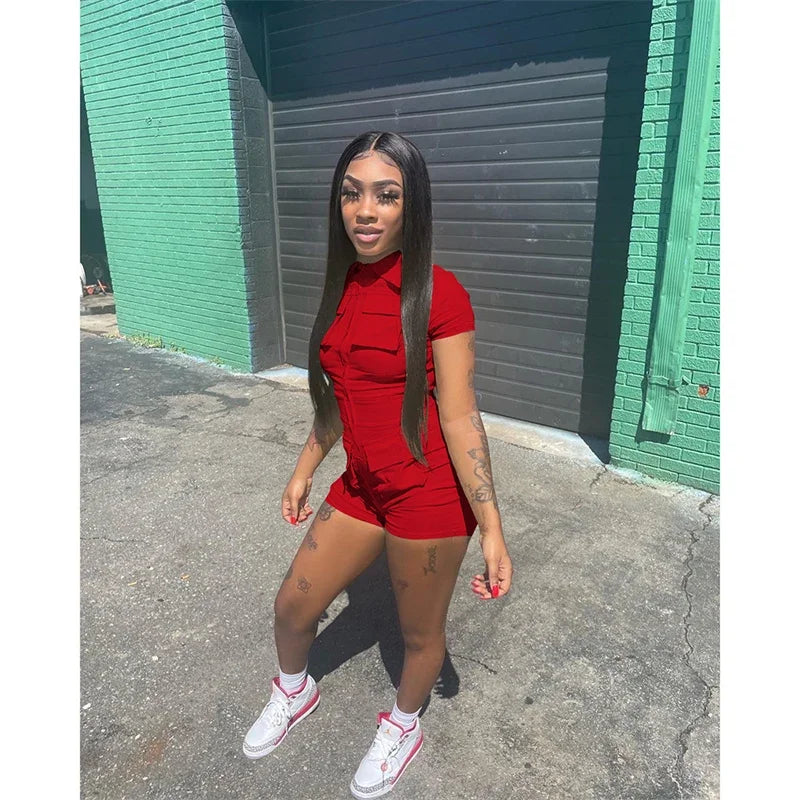 Streetwear Zipper Pockets Shorts Jumpsuit Women Clothing Short Sleeve Skinny Cargo Playsuit Summer Casual One Pieces Romper