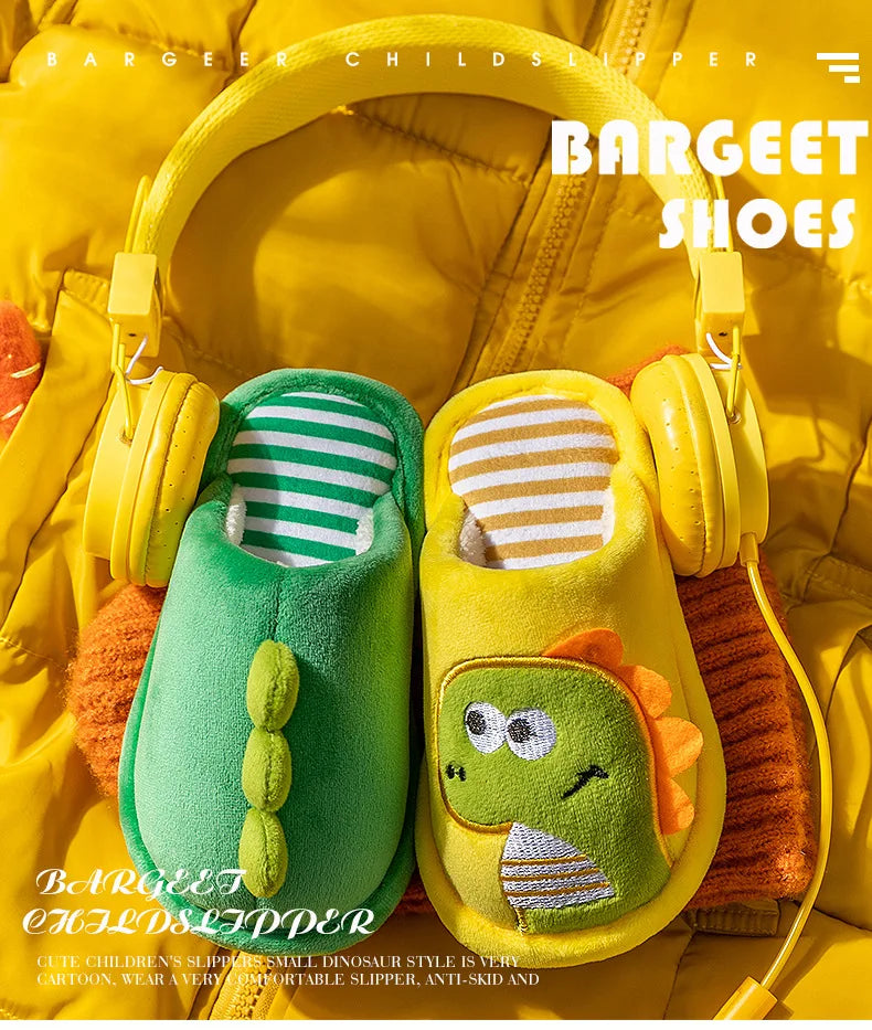 Children Cartoon Dino Fur Slipper Soft Autumn Winter Warm Princess Baby Boys Girl Indoor Home Bedroom Cotton Fleece Fur Shoes