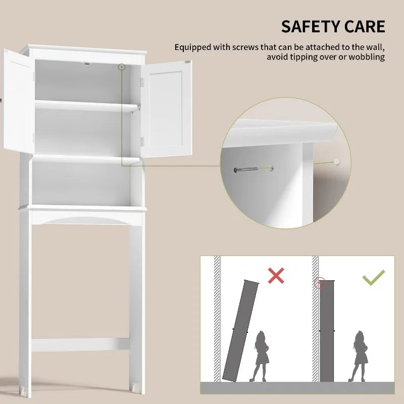 The Toilet Storage Cabinet with Adjustable Shelf and Double Doors Bathroom Space Saver Organizer Above Toilet with Open Shelf