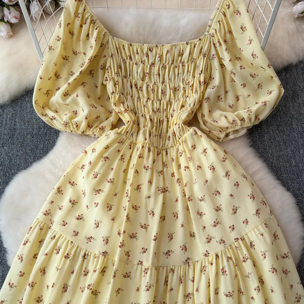 2024 New Summer Flower Print Long Dress Women Vintage Square Neck Ruched Chest Sash Bandage Sundress Party Vestidos