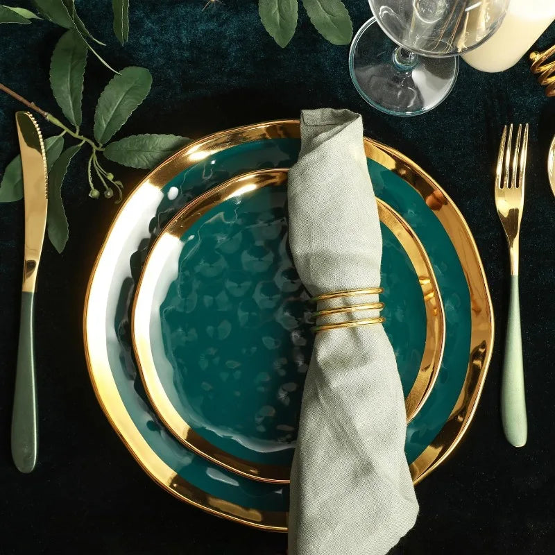 Florian Modern Porcelain 16 Piece Dinnerware Set, Plates and Bowls Set, Dish set for 4, Green and Golden Rim