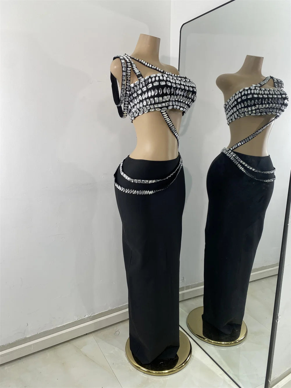 Luxury Crystal Diamonds Top Skirt Two Pieces Women's Bandage Sets White Black Knitted Celebrity Evening Birthday Party Outfit