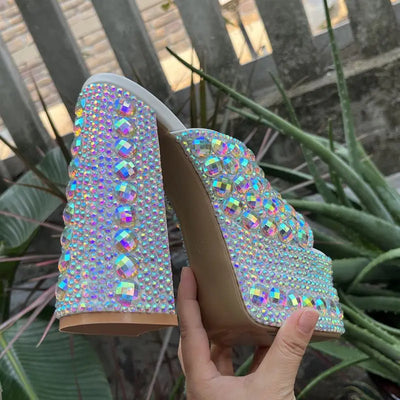 Luxury Handmade Full Rhinestones Platform Wedges Women Slippers Sandals Fashion Summer High heels Mules Slides Chunky Shoes