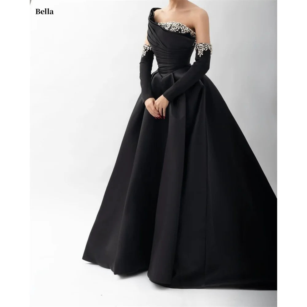 Bella Black Satin Beaded Robes De Soirée One Shoulder A-line Prom Dresses Customized Long Sleeves Floor-length Wedding Dress