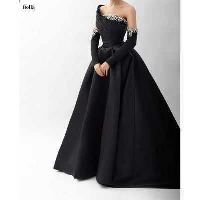 Bella Black Satin Beaded Robes De Soirée One Shoulder A-line Prom Dresses Customized Long Sleeves Floor-length Wedding Dress