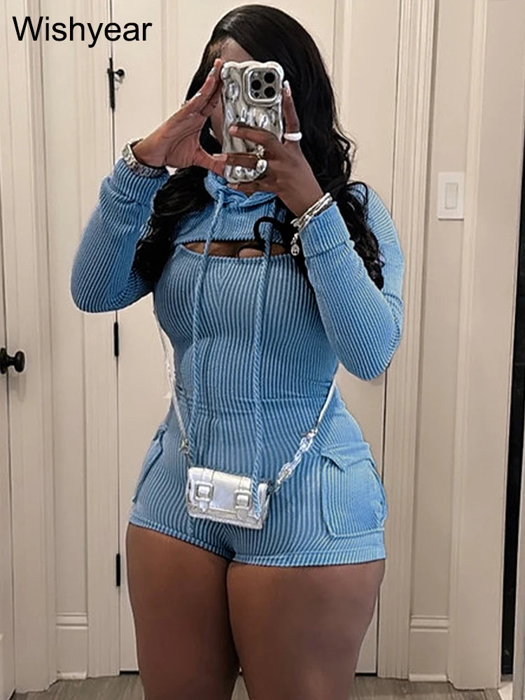 Women's Knitted Ribbed Cargo Pocket Playsuits with Hooded Long Sleeve Top Outfits Jumpsuits Shorts Overalls Birthday Clubwear