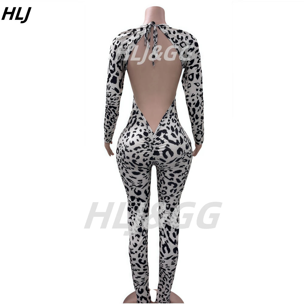 HLJ Sexy Backless Lace Up Leopard Bodycon Jumpsuits Women O Neck Long Sleeve Skinny Pants One Piece Playsuits Fashion Overall