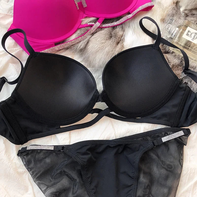 2 Pieces Sexy Underwear Set for Women Classic Cross Hollow Bra Sparkle Rhinestones Lingerie Deep V Push Up Brassiere Set