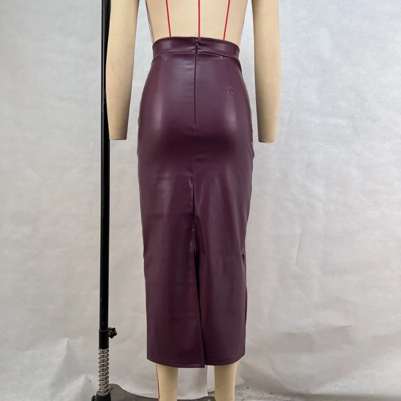 Trendix Women Elegant Burgundy Skirt High Waist Slim Fashion Slit Long Skirts Female Party Slim Club Sexy Vintage PU Skirts 2024