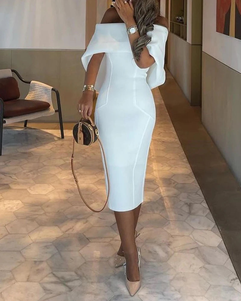 Elegant White Dress Women Summer Off Shoulder Cape Design Splicing Skinny Dress Party Vestidos Woman Evening Party Dresses White