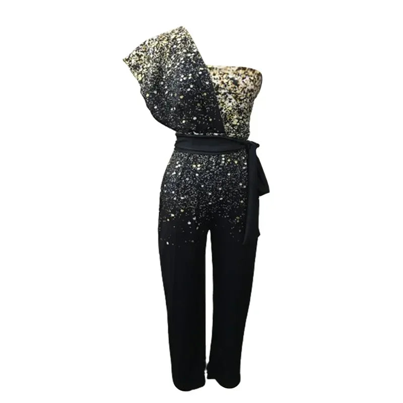 Fashion Sequins Decoration One Shoulder Backless Jumpsuit Women Female Slim Fit Stretch Lace-up High Waist  Back Zipper Rompers