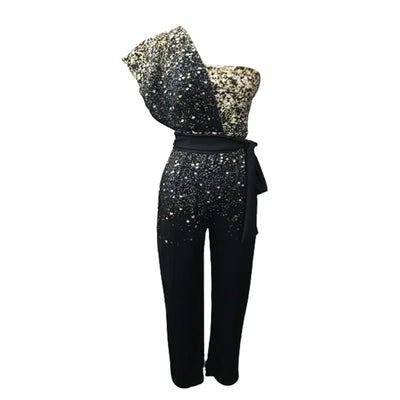 Fashion Sequins Decoration One Shoulder Backless Jumpsuit Women Female Slim Fit Stretch Lace-up High Waist  Back Zipper Rompers