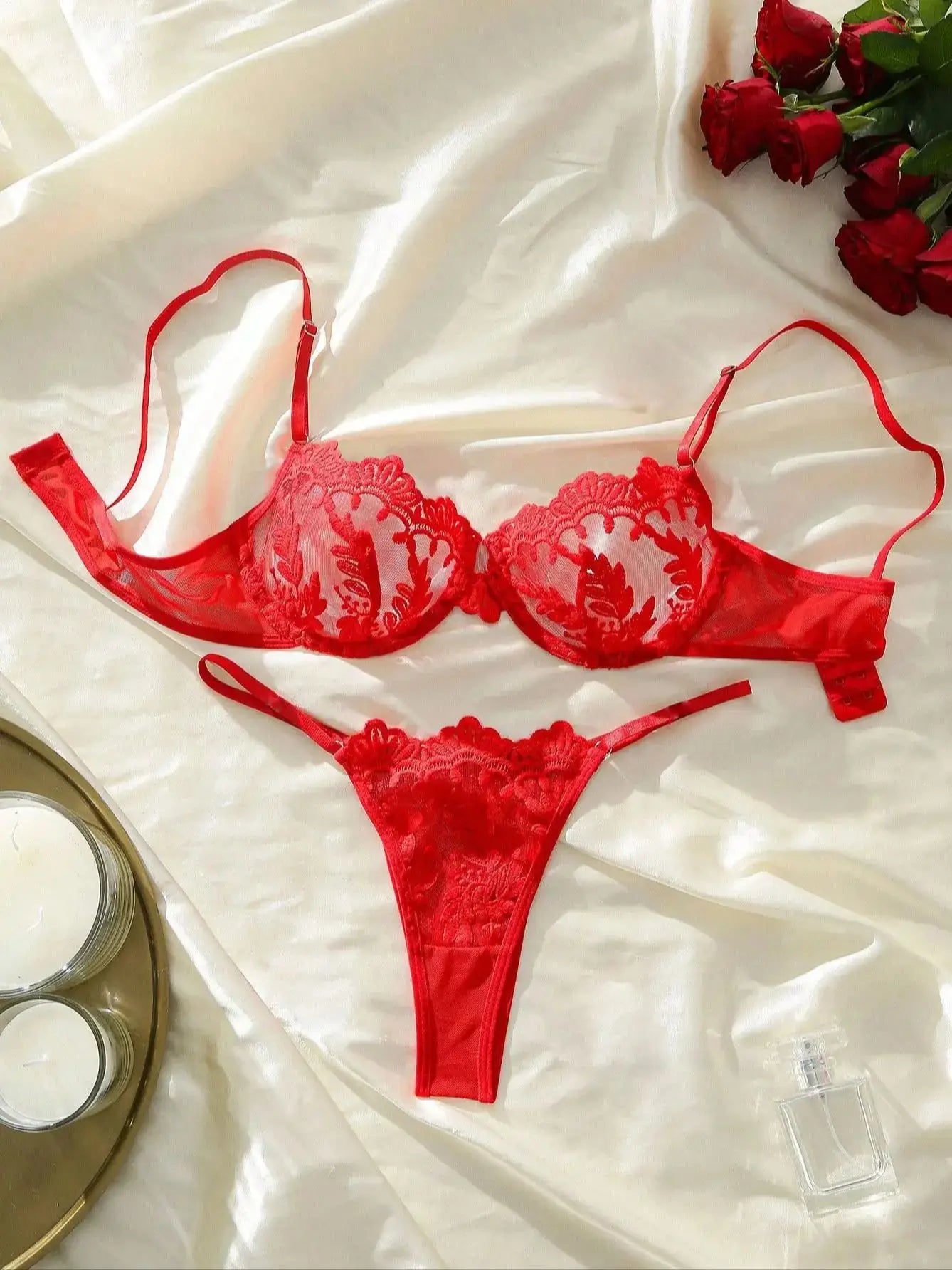 Floral tube Embroidered no padding Bra & Thongs Panties, Underwire Lingerie Set, Women's Lingerie & Underwear
