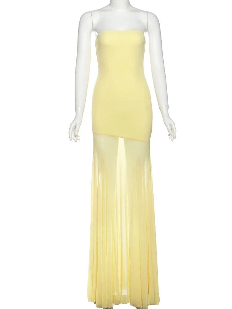 Weird Puss Patchwork See Through Dress Women Elegant Solid Pleated Strapless Sleeveless Backless Slim Banquet Party Vestidos