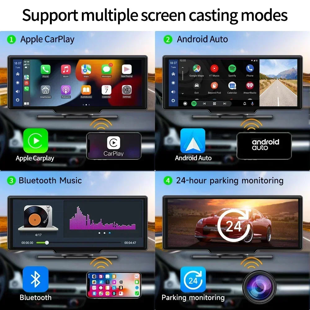10.26'' Dash Cam 4K Car Mirror Video Player Wireless Carplay Android Auto GPS Car Monitor Multimedia Rearview Camera Dashboard