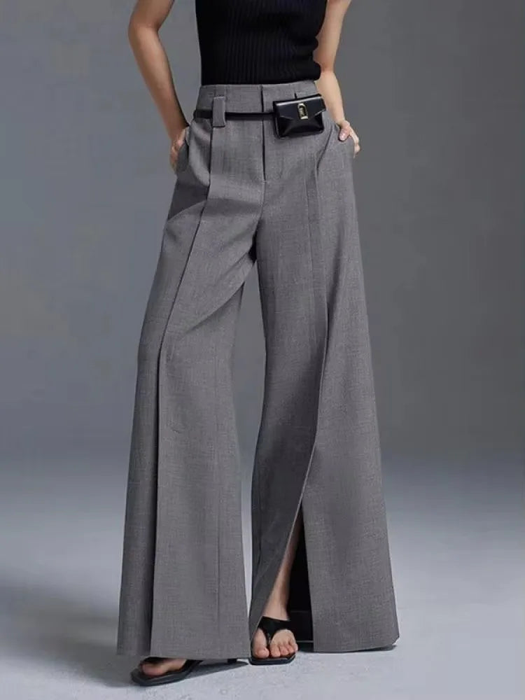 Yeezzi Urban Female Suit Pants 2025 New Fashion Black White Color Loose Straight Pant High-Waisted Pleated Split-Front Trousers