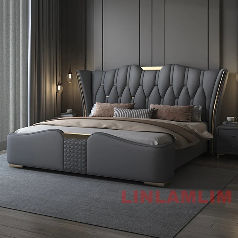 MINGDIBAO Luxury Modern Upholstered Bed Frame with Gold Accents, Genuine Leather Designer Bed, Queen/King Size Bedroom Furniture