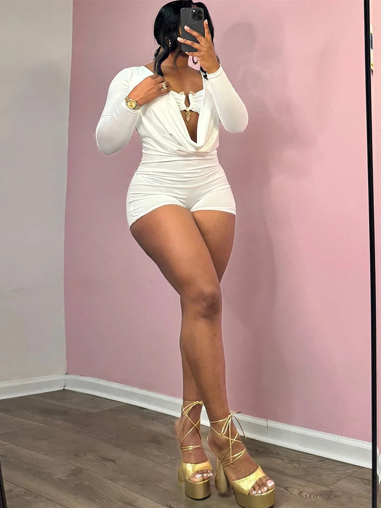 Insglas Spring Trend Swing Collar Sexy Women Romper+Metal buckle Bra Hipster Midnight Party New Workout Fit Coquette Playsuits