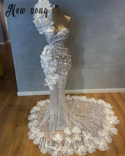 Gorgeous Ruffles Ivory Evening Dress Dubai One Shoulder Chapel Train Wedding Party Dresses Arabic Mermaid Prom Gowns Customized