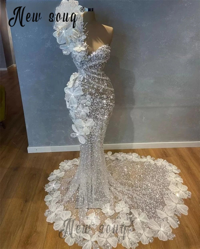 Gorgeous Ruffles Ivory Evening Dress Dubai One Shoulder Chapel Train Wedding Party Dresses Arabic Mermaid Prom Gowns Customized
