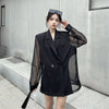 Fashion Hollow Out Mesh Patchwork Blazer for Women Y2K Korean Chic Net Long Sleeves Loose Black Coat Gothic Casual Suit Jacket