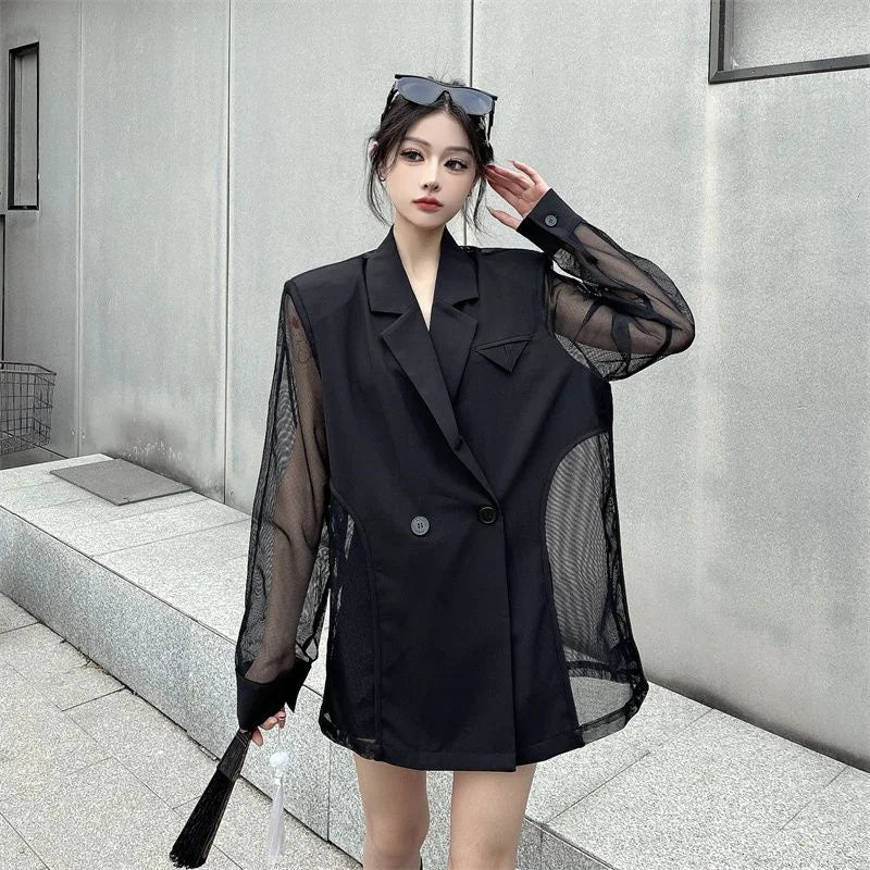 Fashion Hollow Out Mesh Patchwork Blazer for Women Y2K Korean Chic Net Long Sleeves Loose Black Coat Gothic Casual Suit Jacket