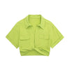 Women Fashion Front Knot Elastic Linen Cropped Shirts Vintage Short Sleeve Patch Pockets Female Blouses Blusa Chic Tops