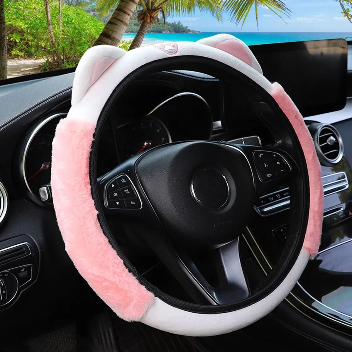 Cute Cartoon Plush Kitten Warm Car without Inner Ring Steering Wheel Cover Car Accessories Suitable for 14.5-15INCH