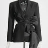 TWOTWINSTYLE Solid Spliced Bowknot Hollow Out Blazer For Women Notched Collar Long Sleeve Tunic Temperament Blazers Female New