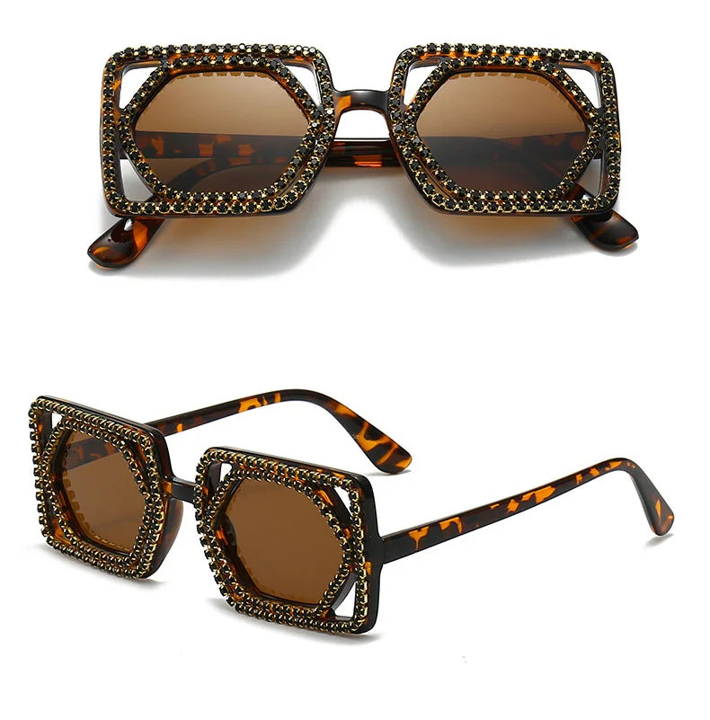 Square Luxury Diamonds Sunglasses Women Punk Fashion Rhinestone Sun Glasses Female Shiny Sexy Yellow Lens Eyewear Shade Handmade