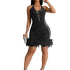 Elegant Luxury Sequins See Through Feather Mini Dress Celebrity Halter Backless Women‘s Sexy Birthday Party Nightclub Vestidos