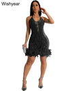 Elegant Luxury Sequins See Through Feather Mini Dress Celebrity Halter Backless Women‘s Sexy Birthday Party Nightclub Vestidos