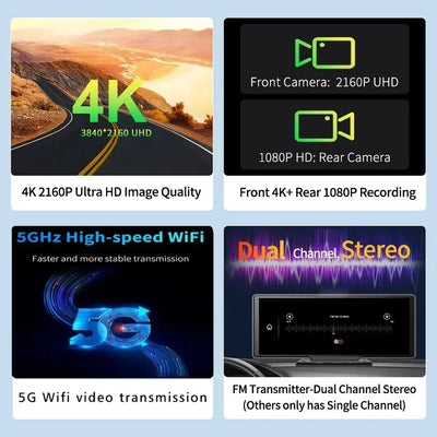 10.26'' Dash Cam 4K Car Mirror Video Player Wireless Carplay Android Auto GPS Car Monitor Multimedia Rearview Camera Dashboard