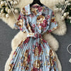 2024 Summer Women Floral Pleated Dress Vintage Turn-Down Collar Short Sleeve Single Breasted Printed Draped Midi Vestidos New