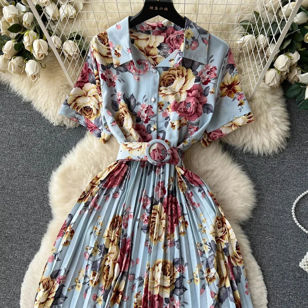2024 Summer Women Floral Pleated Dress Vintage Turn-Down Collar Short Sleeve Single Breasted Printed Draped Midi Vestidos New