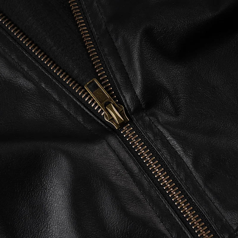 Street style waist cinched short stand up collar PU leather spicy girl zipper cardigan casual jacket