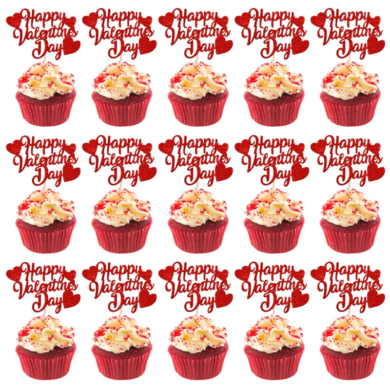 YOMDID 24Pcs Happy Valentines Day Cupcake Toppers Glitter Red Decorations Valentines Day Cupcake Picks Gift for Valentine\'s Day