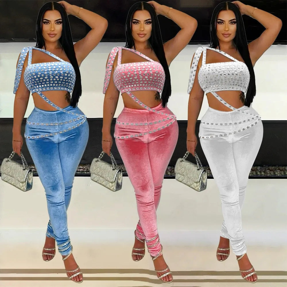 Joskaa Women Velvet 2 Piece Sets Sexy Diamonds Wrap Chest Tank Tops and Pencil Pants Match Winter Party Club Outfits Streetwear