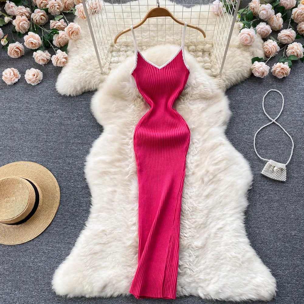 Summer V Neck Knit Sexy Strap Dress Women Elatic Waist Bodycon Sundress Female Beach Backless Maxi Long Dress